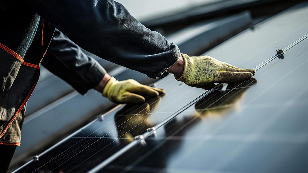 Arbeiter montieren Solarpaneele auf dem Dach