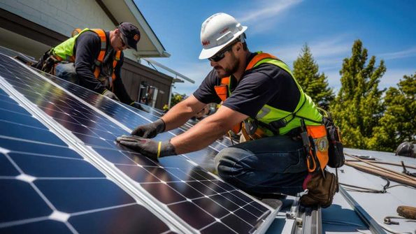 Arbeiter montieren Solarpaneele auf dem Dach